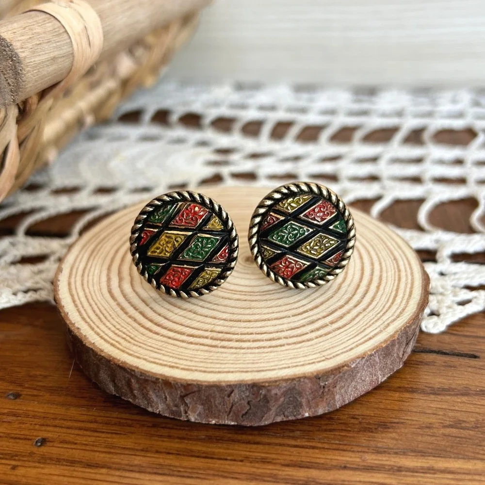 Sarah Coventry Vintage Gold‎ Tone Enamel Harlequin Geometric Cufflinks Round